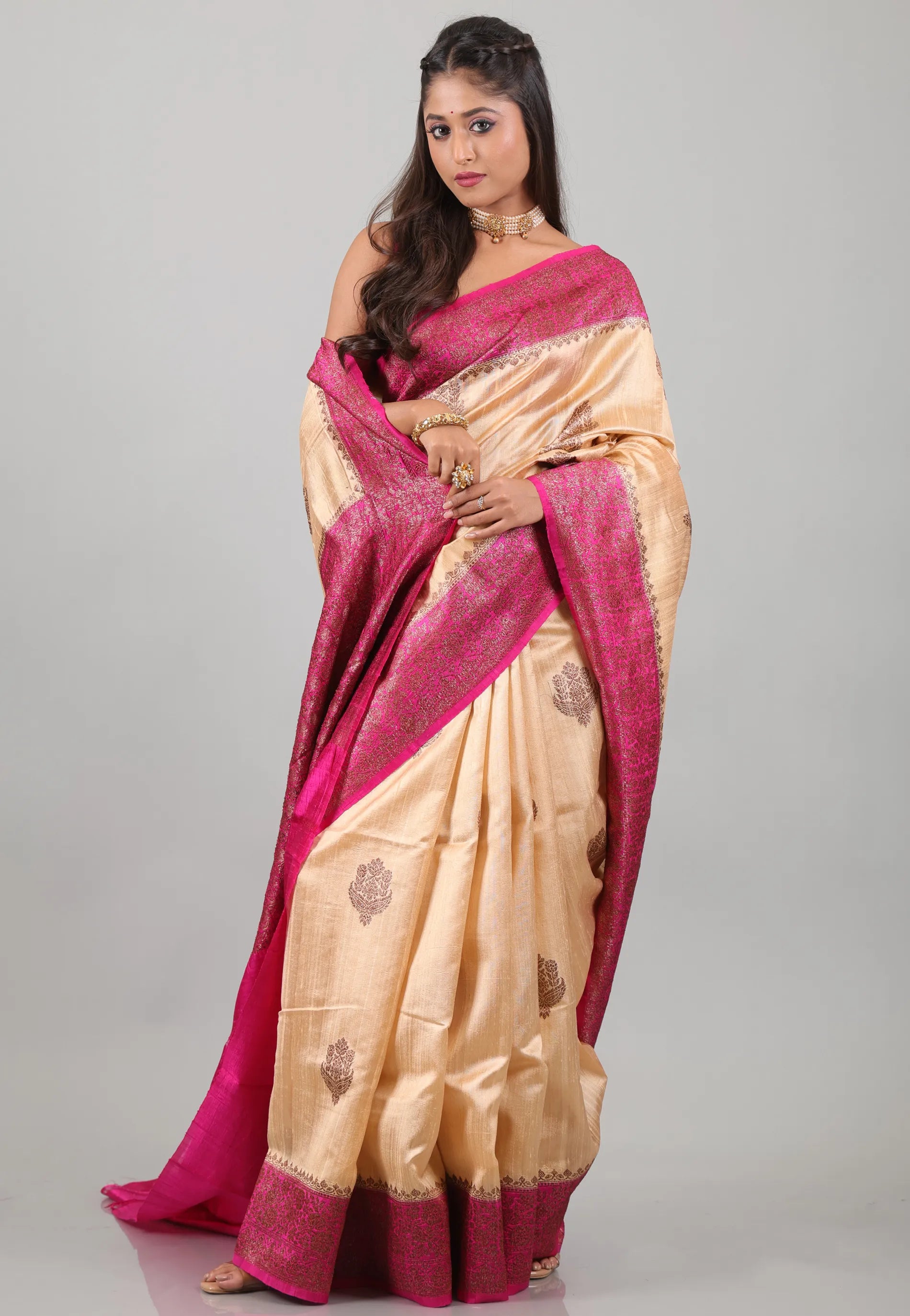 Beige with Rani Border Pure Tussar Silk Saree with Blouse Piece - Adi Akshoy & Co.