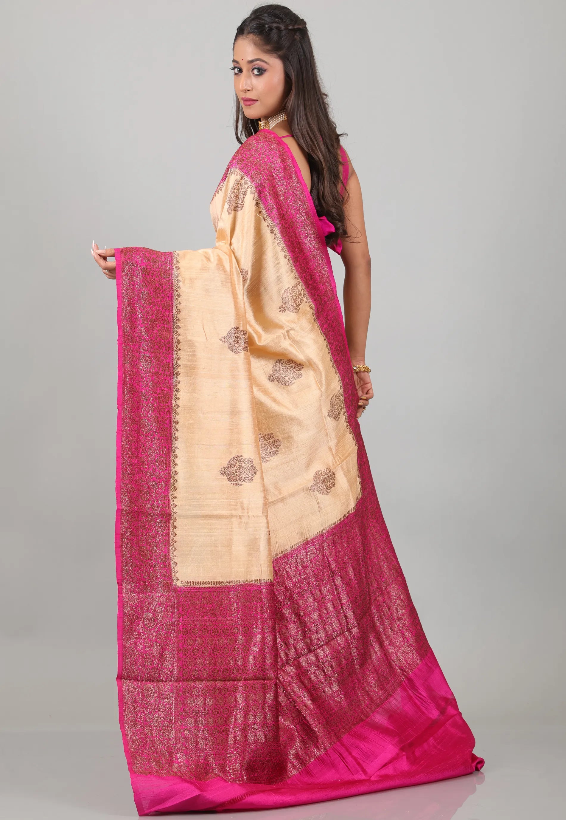 Beige with Rani Border Pure Tussar Silk Saree with Blouse Piece - Adi Akshoy & Co.