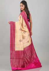 Beige with Rani Border Pure Tussar Silk Saree with Blouse Piece - Adi Akshoy & Co.