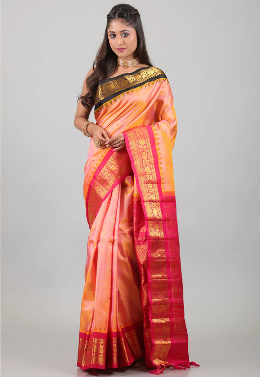 Peach with Rani & Black Border Pure Gadwal Silk Saree With Blouse Piece - Adi Akshoy & Co.