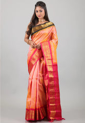 Peach with Rani & Black Border Pure Gadwal Silk Saree With Blouse Piece - Adi Akshoy & Co.
