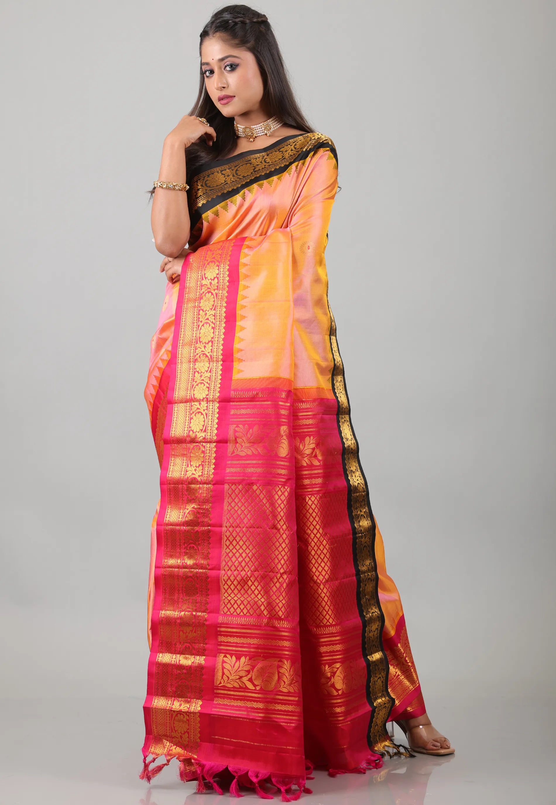 Peach with Rani & Black Border Pure Gadwal Silk Saree With Blouse Piece - Adi Akshoy & Co.