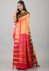 Peach with Rani & Black Border Pure Gadwal Silk Saree With Blouse Piece - Adi Akshoy & Co.