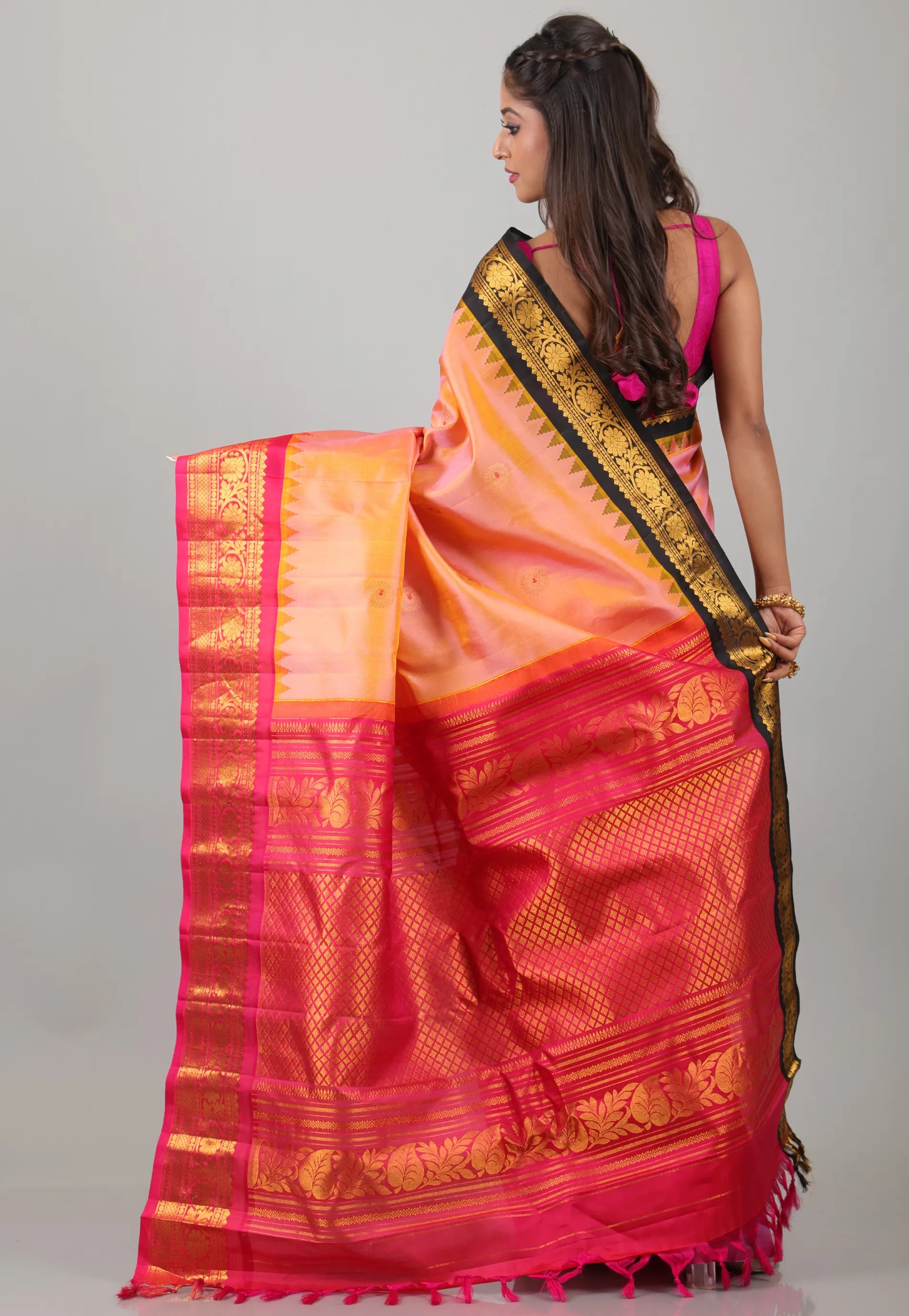 Peach with Rani & Black Border Pure Gadwal Silk Saree With Blouse Piece - Adi Akshoy & Co.