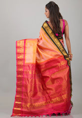 Peach with Rani & Black Border Pure Gadwal Silk Saree With Blouse Piece - Adi Akshoy & Co.