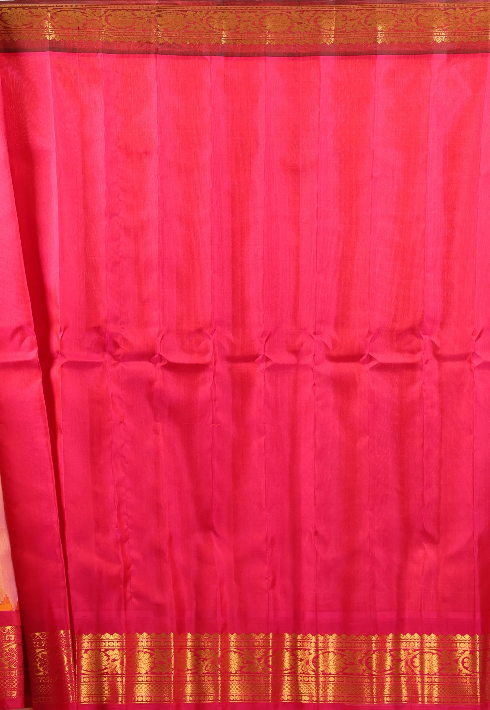 Peach with Rani & Black Border Pure Gadwal Silk Saree With Blouse Piece - Adi Akshoy & Co.