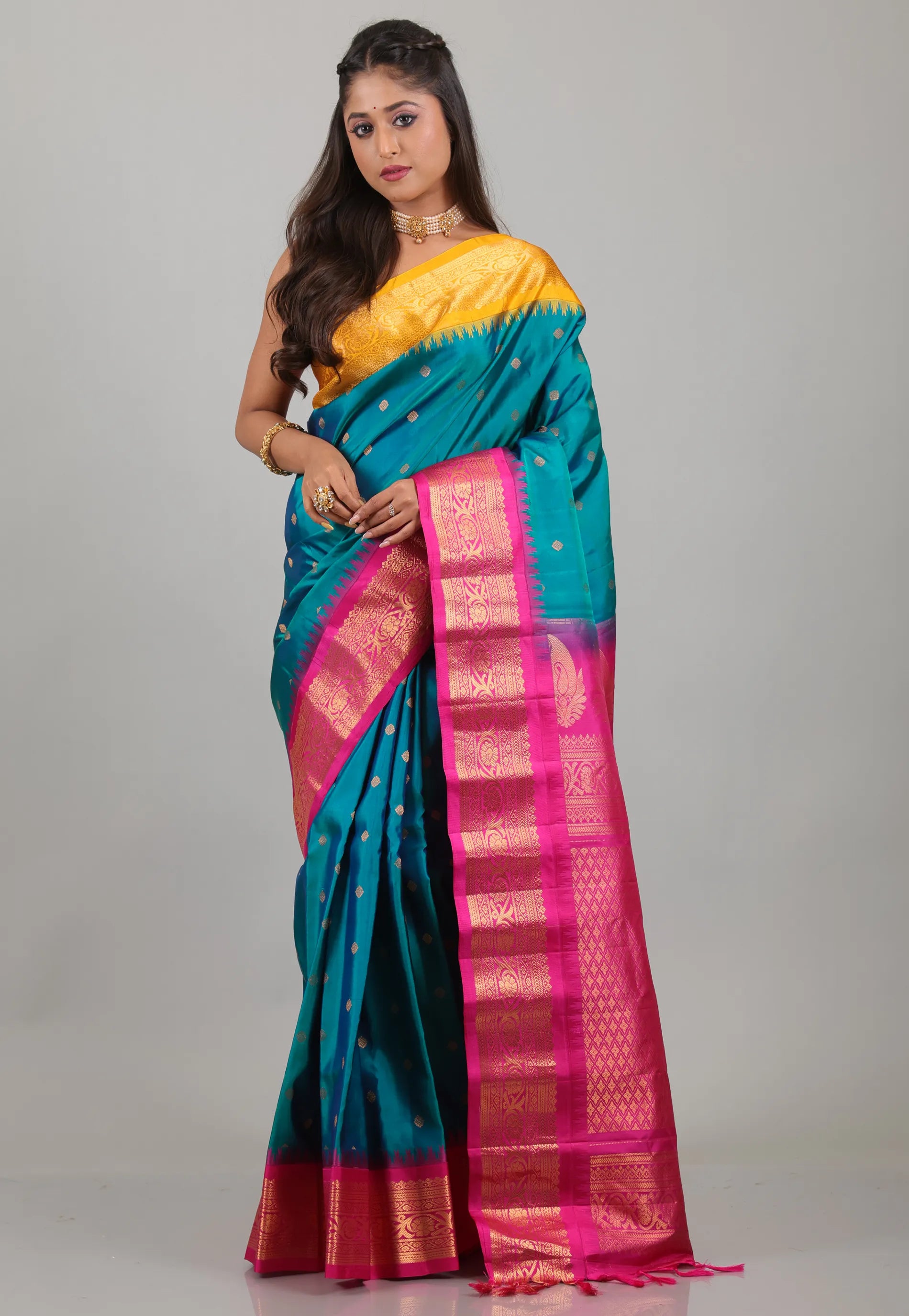 Cross Green with Yellow & Rani Border Pure Gadwal Silk Saree With Blouse Piece - Adi Akshoy & Co.
