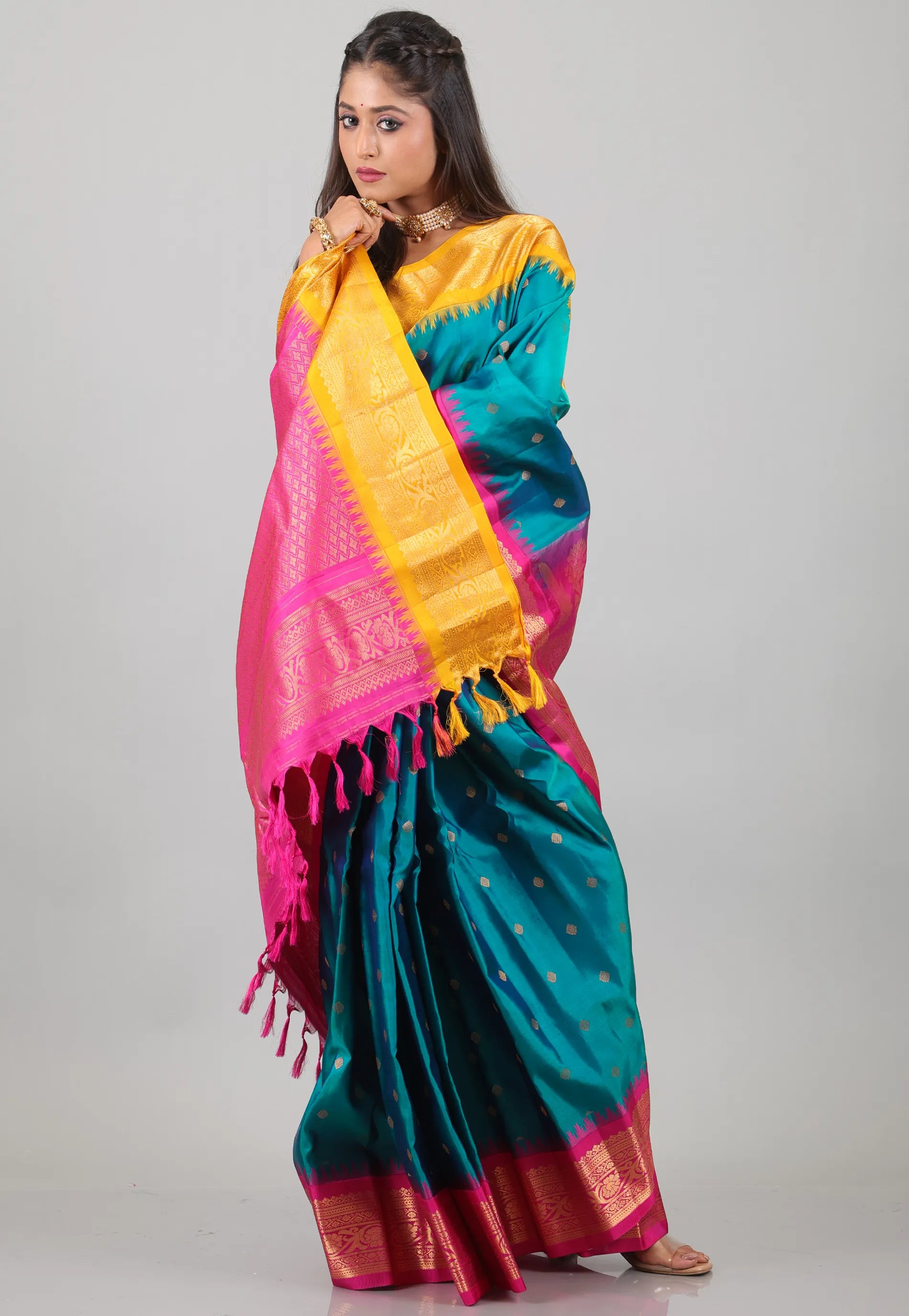 Cross Green with Yellow & Rani Border Pure Gadwal Silk Saree With Blouse Piece - Adi Akshoy & Co.