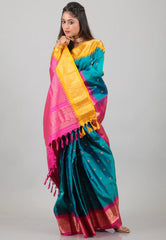 Cross Green with Yellow & Rani Border Pure Gadwal Silk Saree With Blouse Piece - Adi Akshoy & Co.