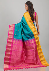 Cross Green with Yellow & Rani Border Pure Gadwal Silk Saree With Blouse Piece - Adi Akshoy & Co.