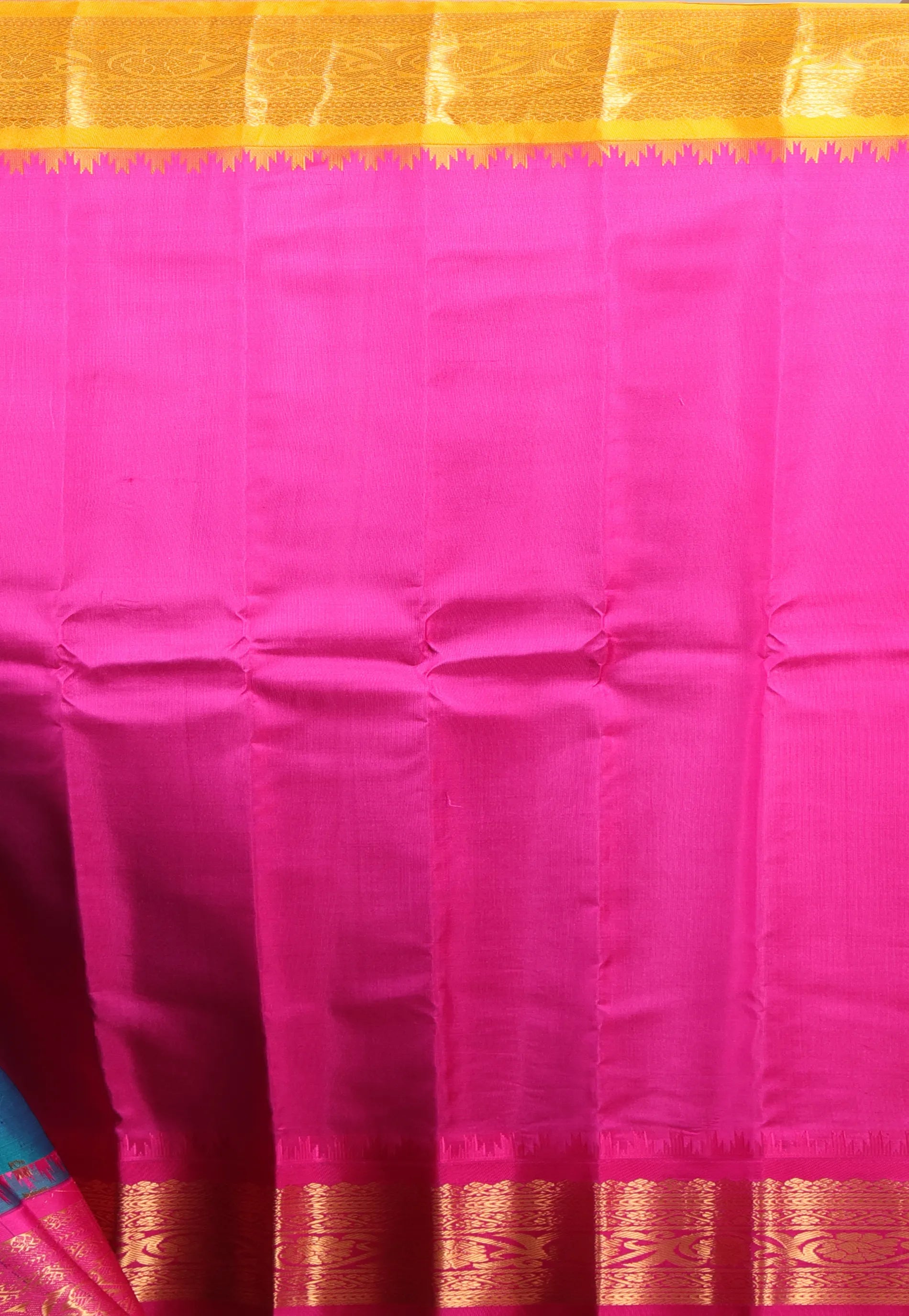 Cross Green with Yellow & Rani Border Pure Gadwal Silk Saree With Blouse Piece - Adi Akshoy & Co.