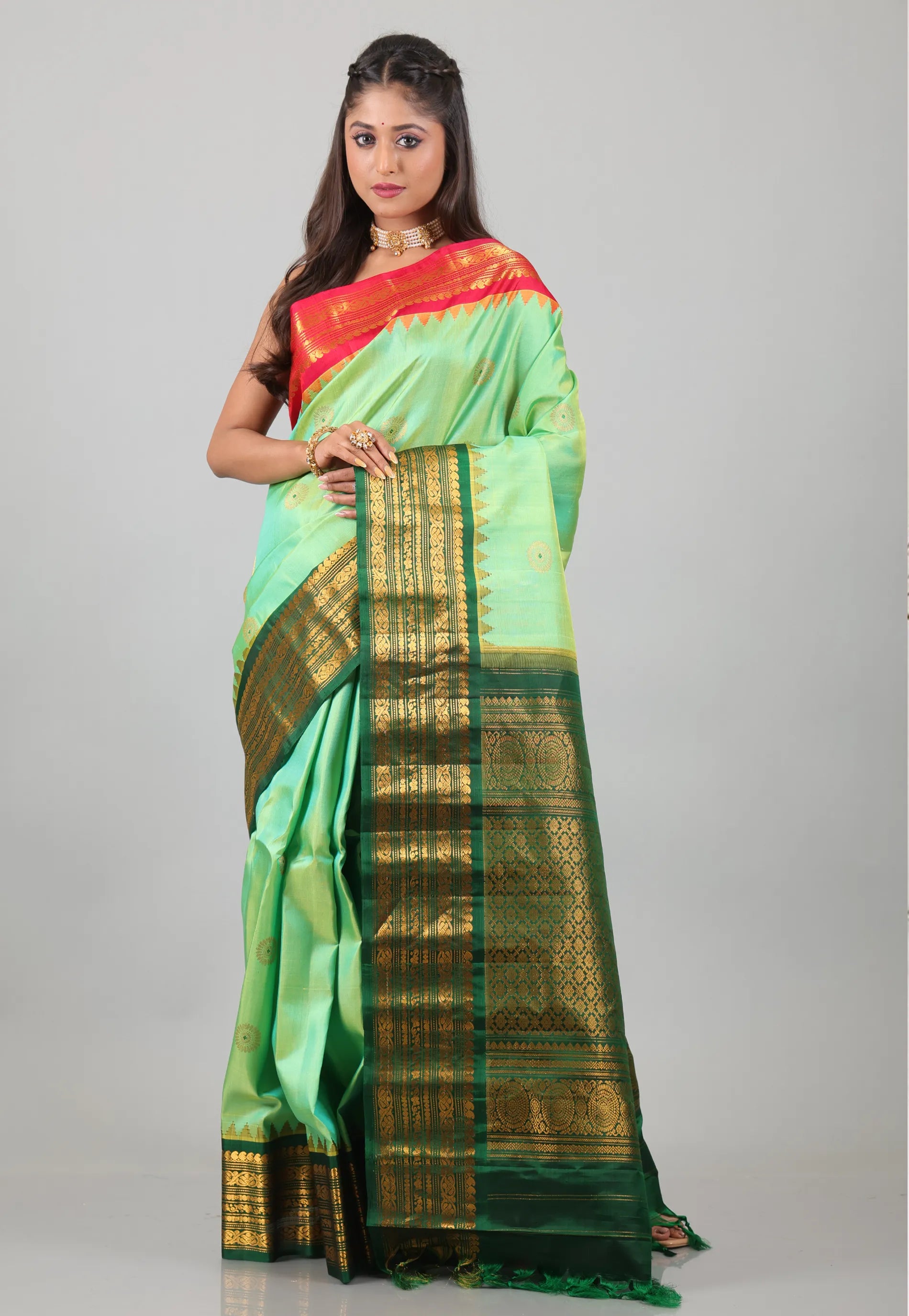 Sea Green with Red & Rama Green Border Pure Gadwal Silk with Blouse Piece - Adi Akshoy & Co.
