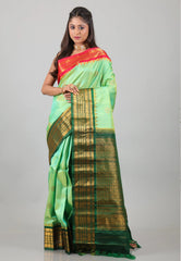 Sea Green with Red & Rama Green Border Pure Gadwal Silk with Blouse Piece - Adi Akshoy & Co.