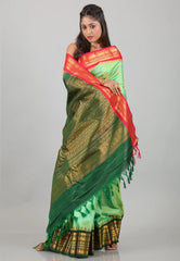 Sea Green with Red & Rama Green Border Pure Gadwal Silk with Blouse Piece - Adi Akshoy & Co.