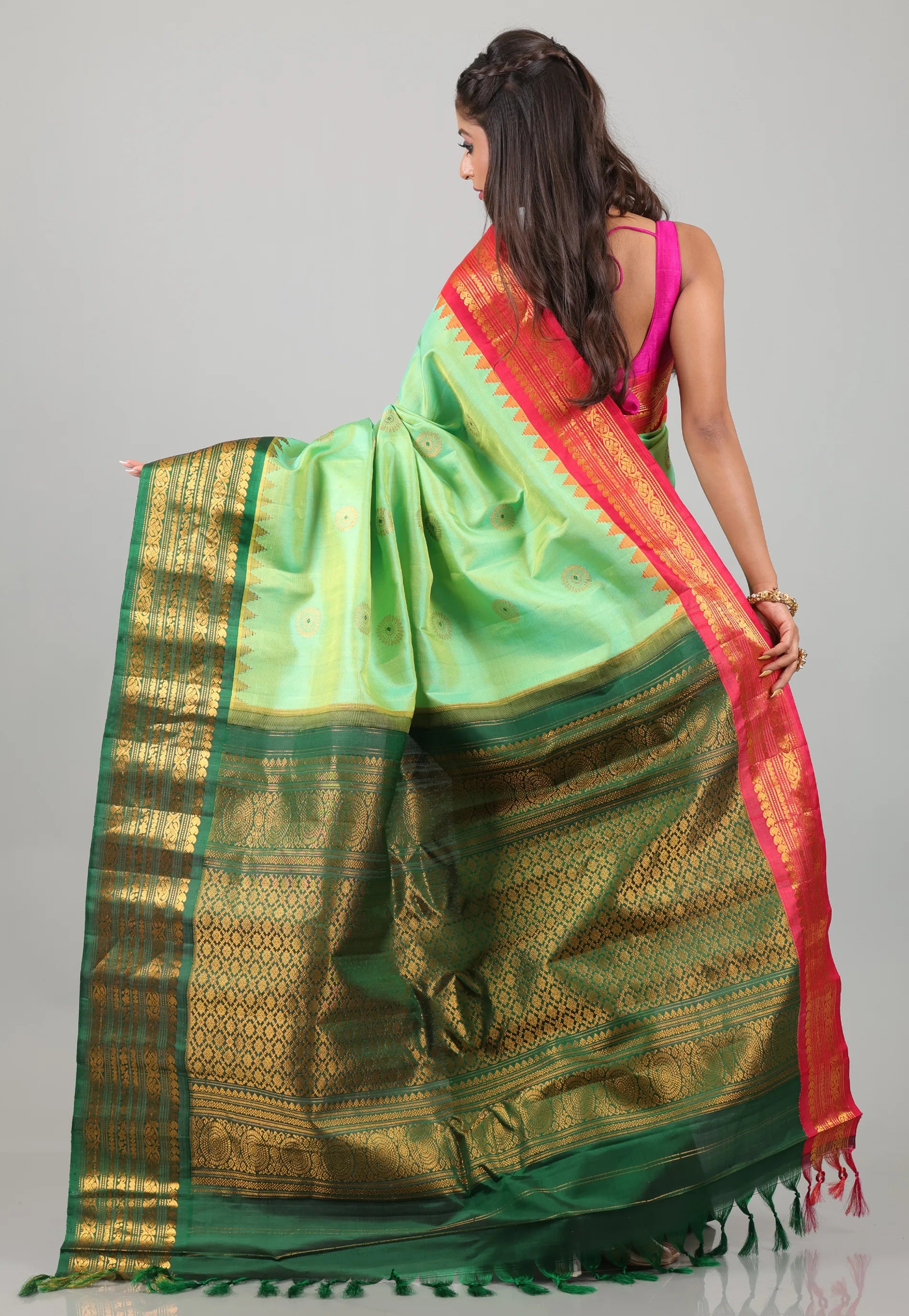 Sea Green with Red & Rama Green Border Pure Gadwal Silk with Blouse Piece - Adi Akshoy & Co.