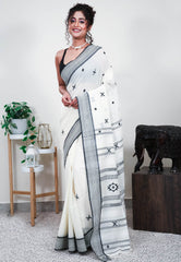 Off White Handloom Saree with Blouse Piece - Adi Akshoy & Co.