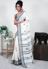 Off White Handloom Saree with Blouse Piece - Adi Akshoy & Co.