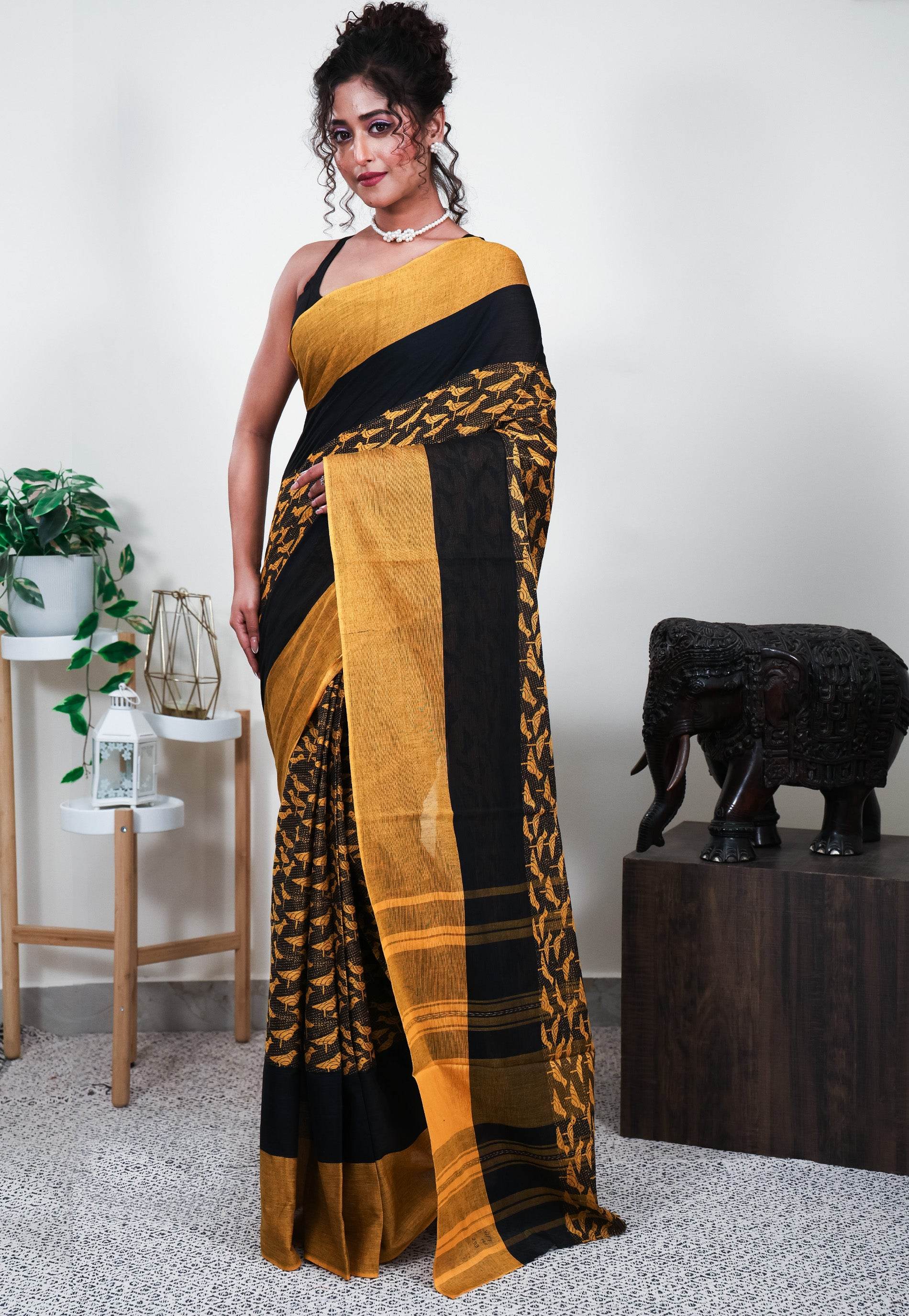 Mustard Handloom Saree Without Blouse Piece - Adi Akshoy & Co.