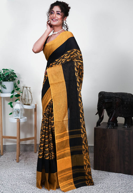 Mustard Handloom Saree Without Blouse Piece - Adi Akshoy & Co.