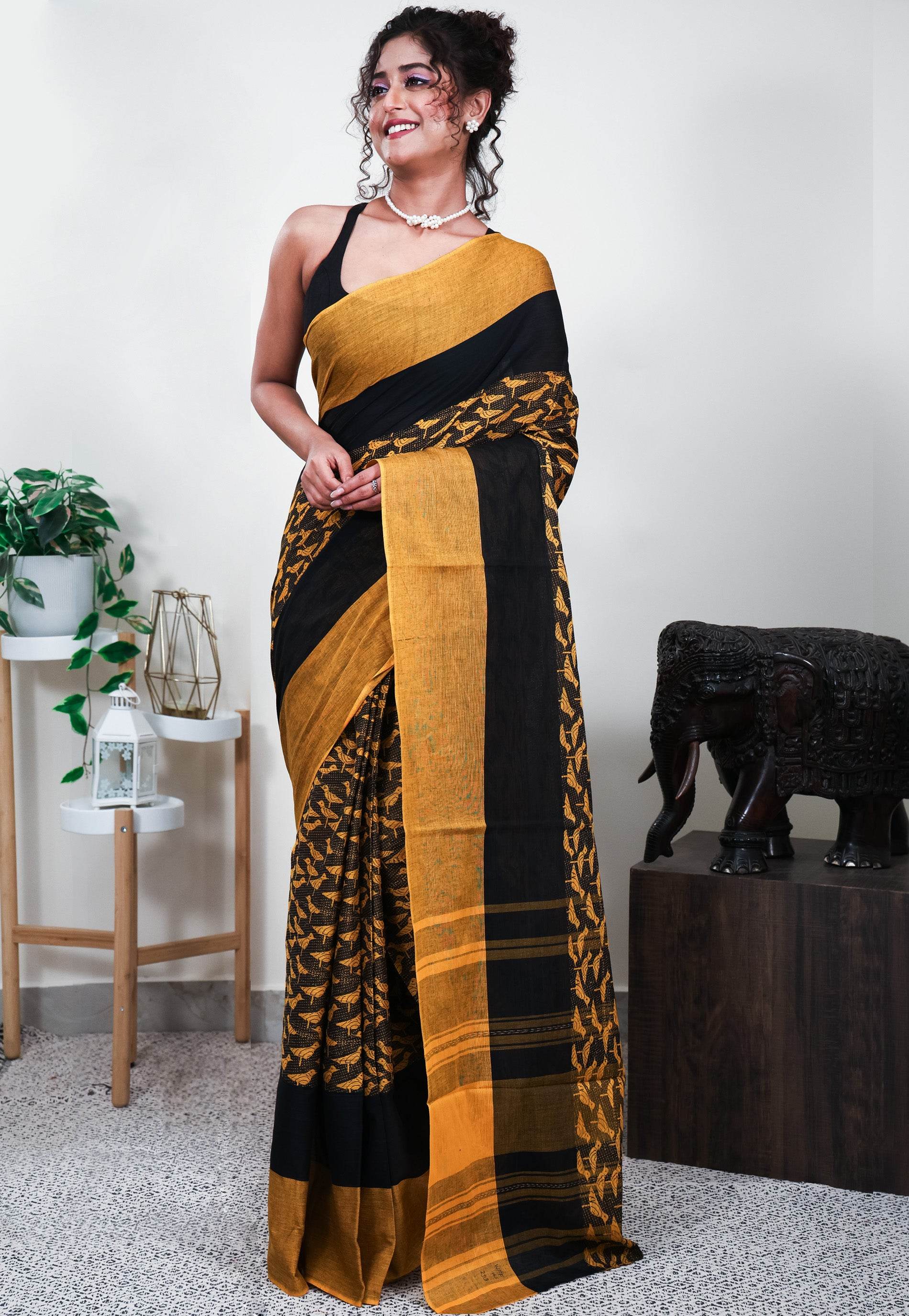 Mustard Handloom Saree Without Blouse Piece - Adi Akshoy & Co.