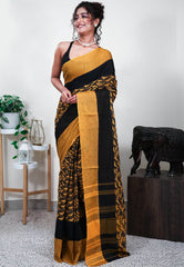 Mustard Handloom Saree Without Blouse Piece - Adi Akshoy & Co.