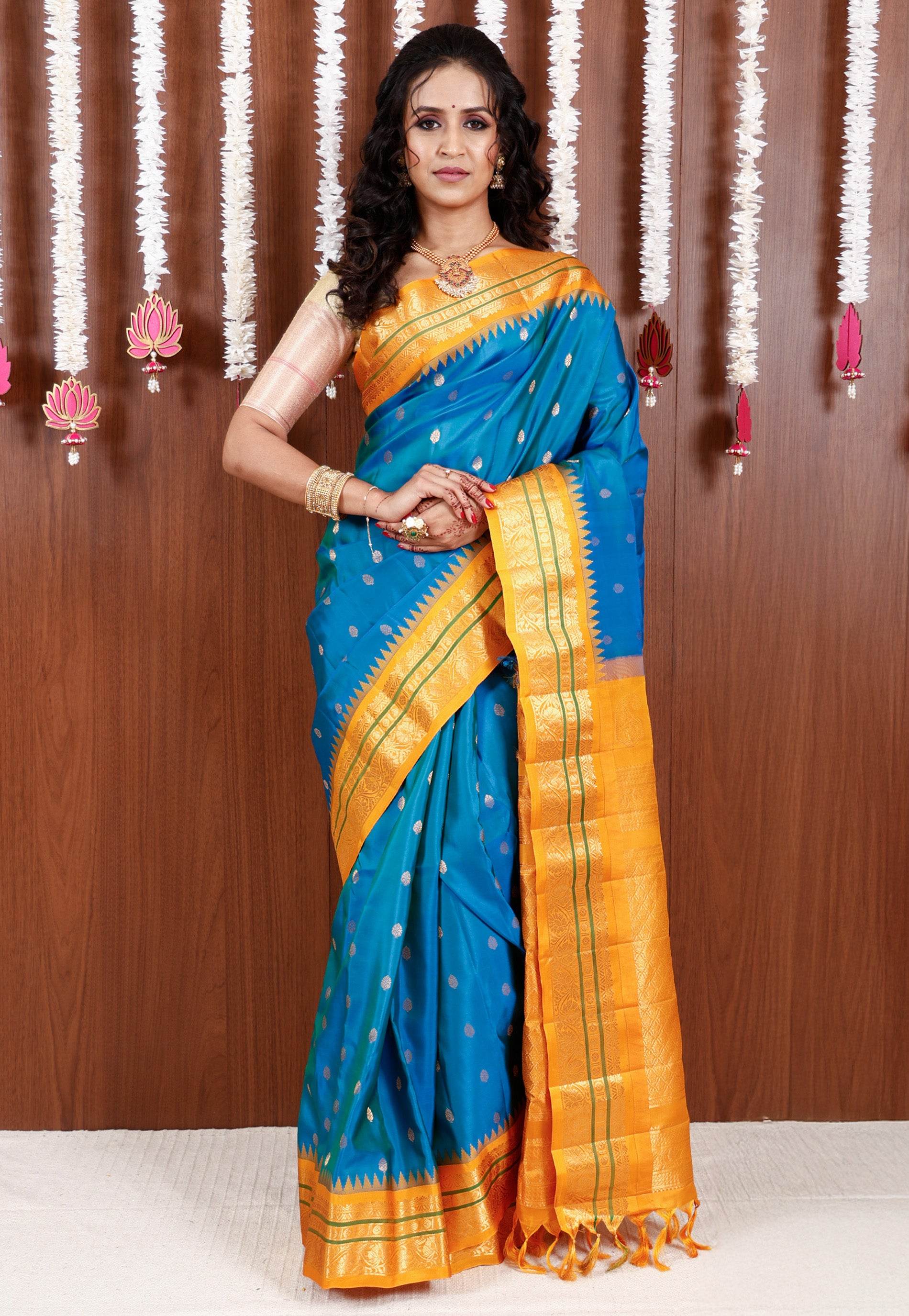 Cross Blue with Golden Yellow Border Gadwal Saree With Blouse Piece - Adi Akshoy & Co.