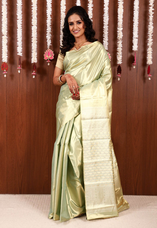 Lime Green Tissue Kanjivaram Pure Silk Saree With Blouse Piece - Adi Akshoy & Co.