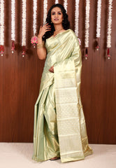 Lime Green Tissue Kanjivaram Pure Silk Saree With Blouse Piece - Adi Akshoy & Co.