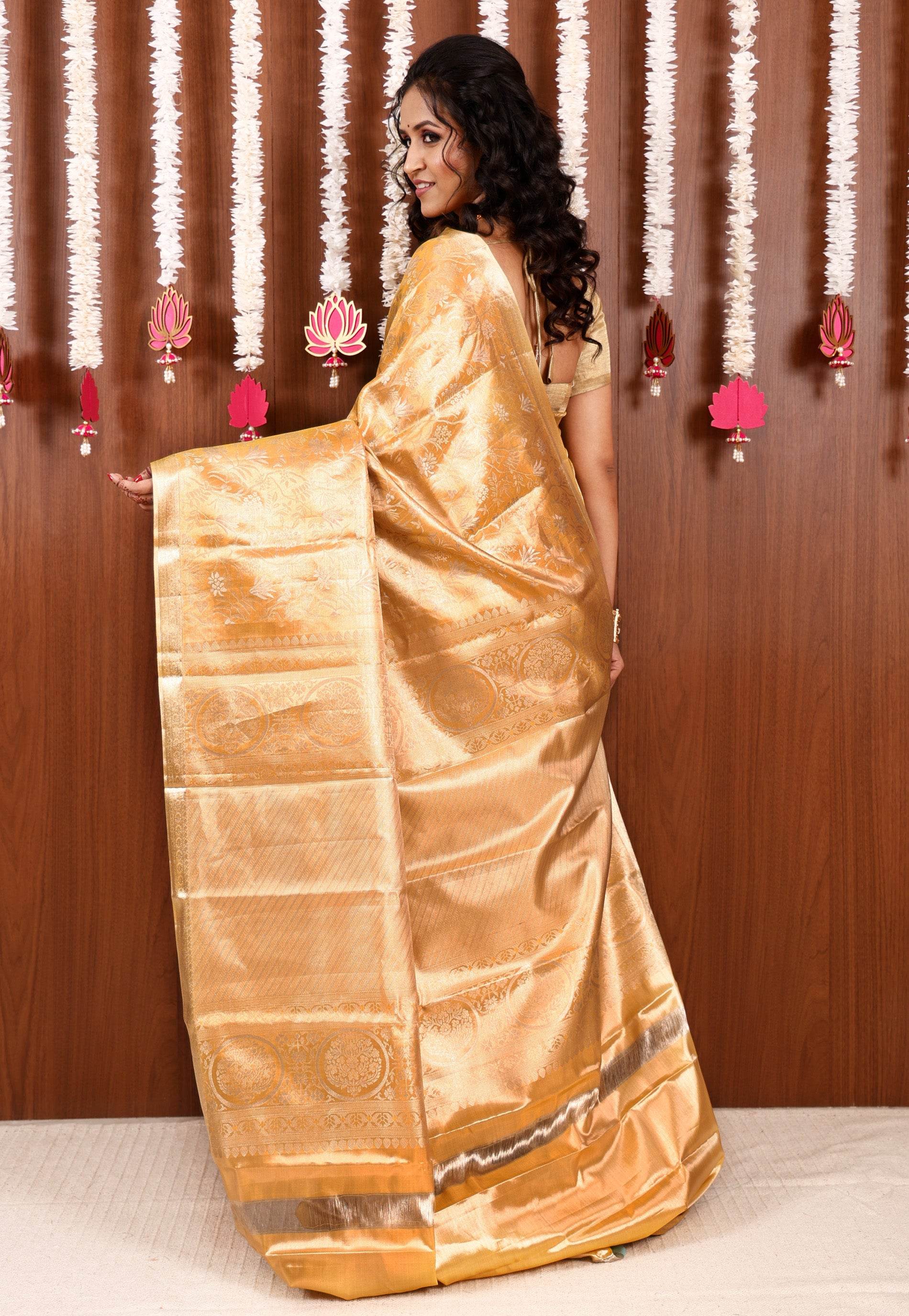 Golden Brocade Tissue Kanjivaram Pure Silk Saree With Blouse Piece - Adi Akshoy & Co.