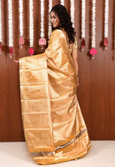 Golden Brocade Tissue Kanjivaram Pure Silk Saree With Blouse Piece - Adi Akshoy & Co.