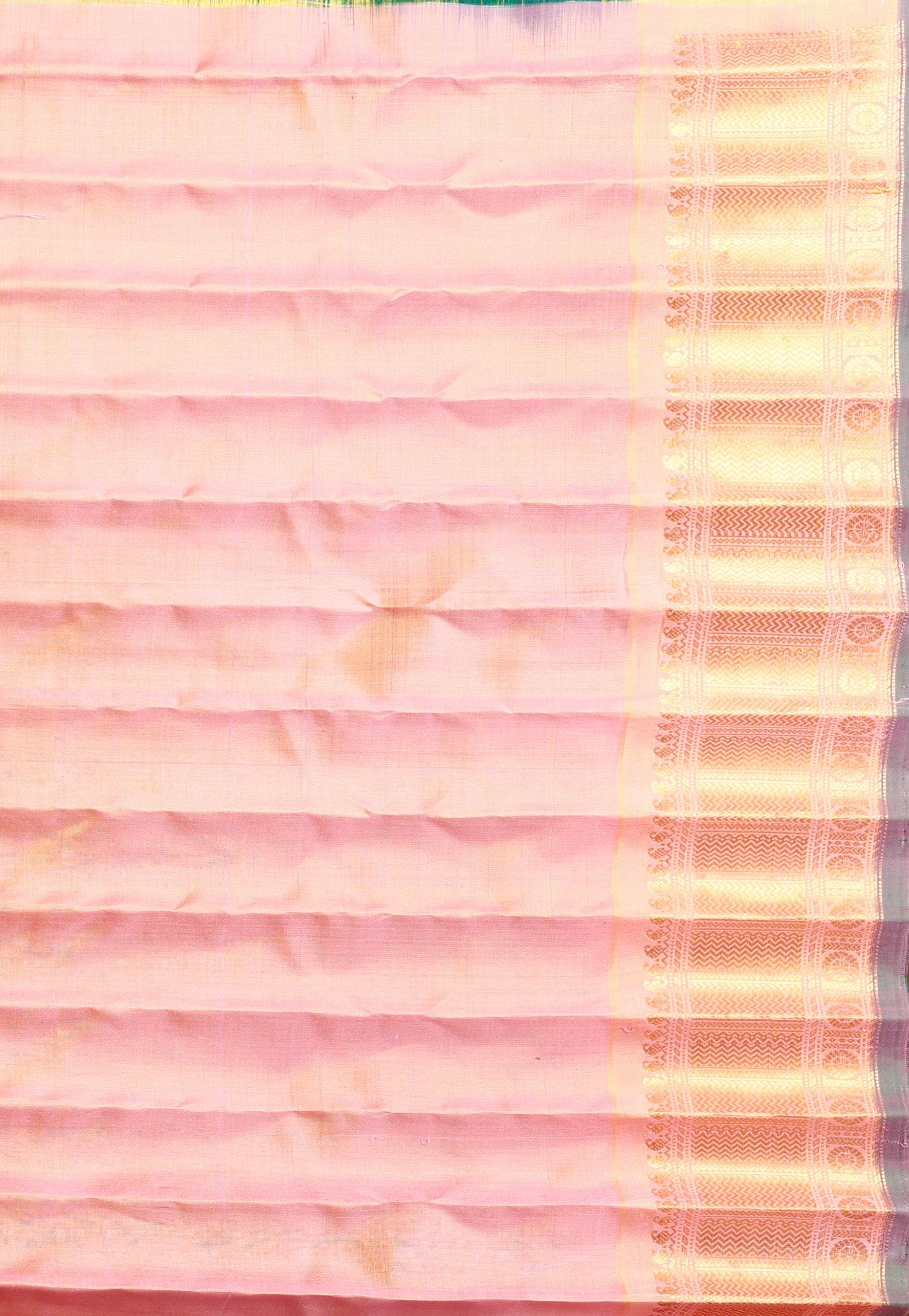 Bottle Green with Peach Border Gadwal Pure Silk Saree With Blouse Piece - Adi Akshoy & Co.