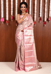 Baby Pink Brocade Tissue Kanjivaram Pure Silk Saree With Blouse Piece - Adi Akshoy & Co.