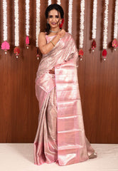 Baby Pink Brocade Tissue Kanjivaram Pure Silk Saree With Blouse Piece - Adi Akshoy & Co.