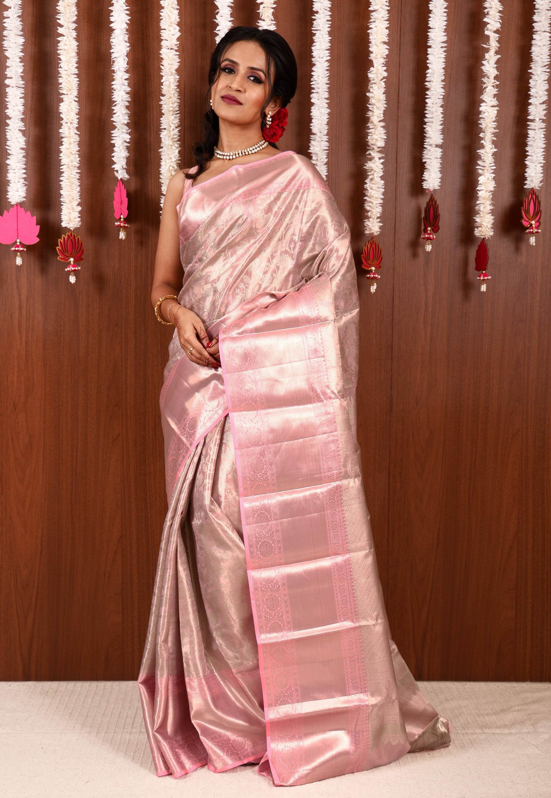 Baby Pink Brocade Tissue Kanjivaram Pure Silk Saree With Blouse Piece - Adi Akshoy & Co.