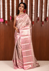 Baby Pink Brocade Tissue Kanjivaram Pure Silk Saree With Blouse Piece - Adi Akshoy & Co.
