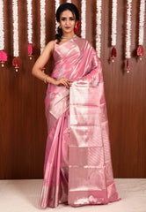 Pink Tissue Kanjivaram Pure Silk Saree With Blouse Piece - Adi Akshoy & Co.