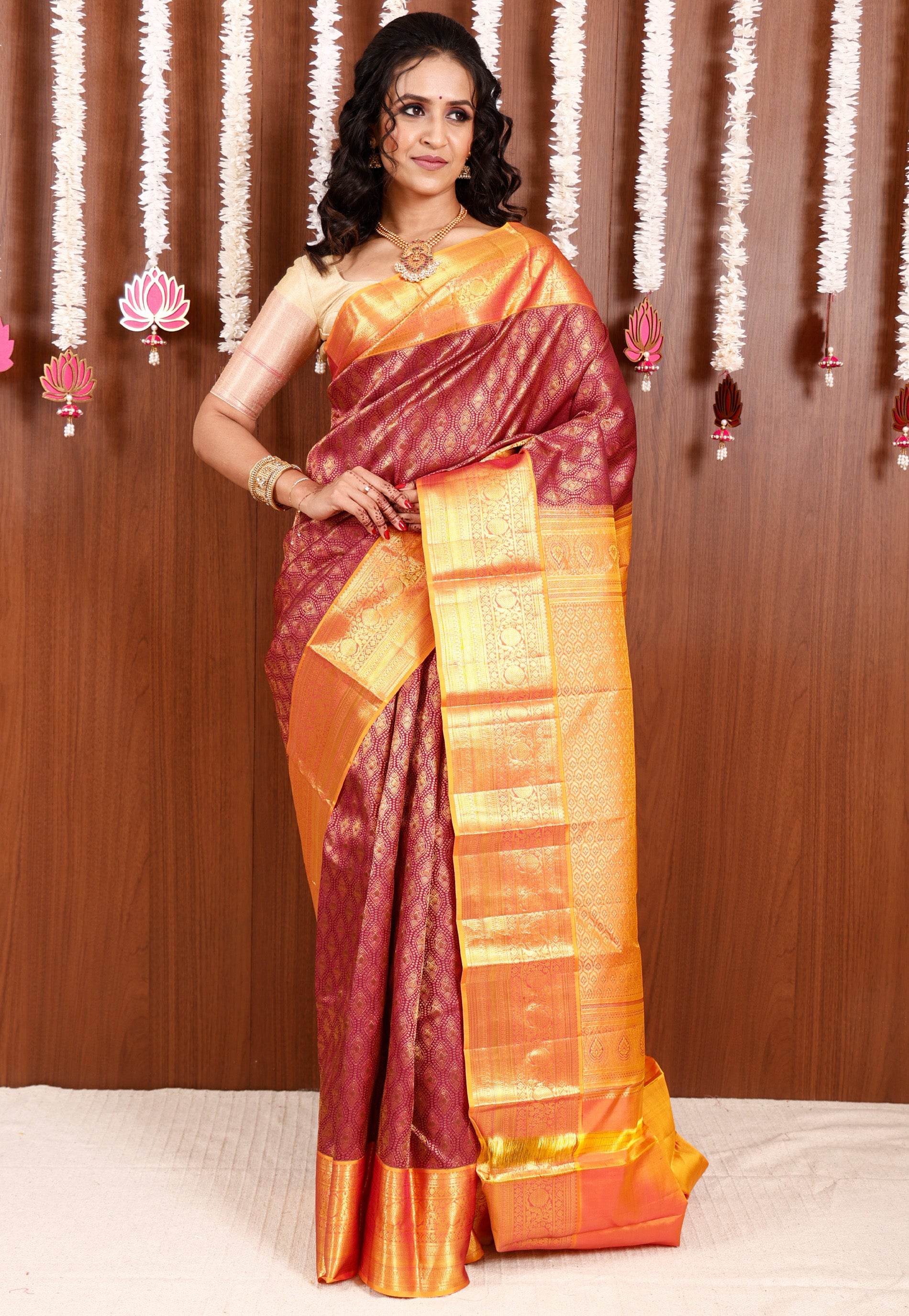 Magenta Brocade with Golden Yellow Border Kanjivaram Silk Saree With Blouse Piece - Adi Akshoy & Co.