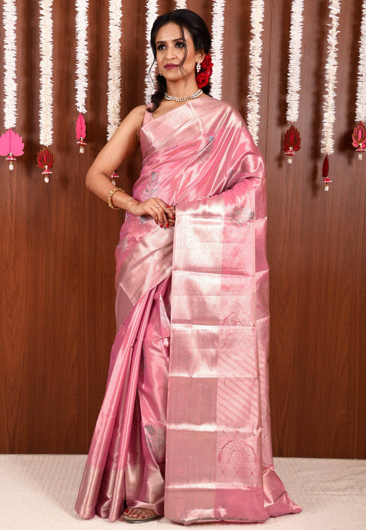 Pink Tissue Kanjivaram Pure Silk Saree With Blouse Piece - Adi Akshoy & Co.