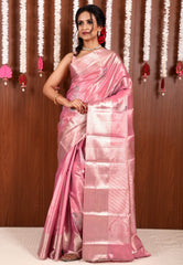 Pink Tissue Kanjivaram Pure Silk Saree With Blouse Piece - Adi Akshoy & Co.