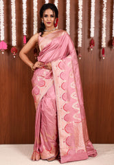 Onion Pink Katan Pure Silk Saree With Blouse Piece - Adi Akshoy & Co.