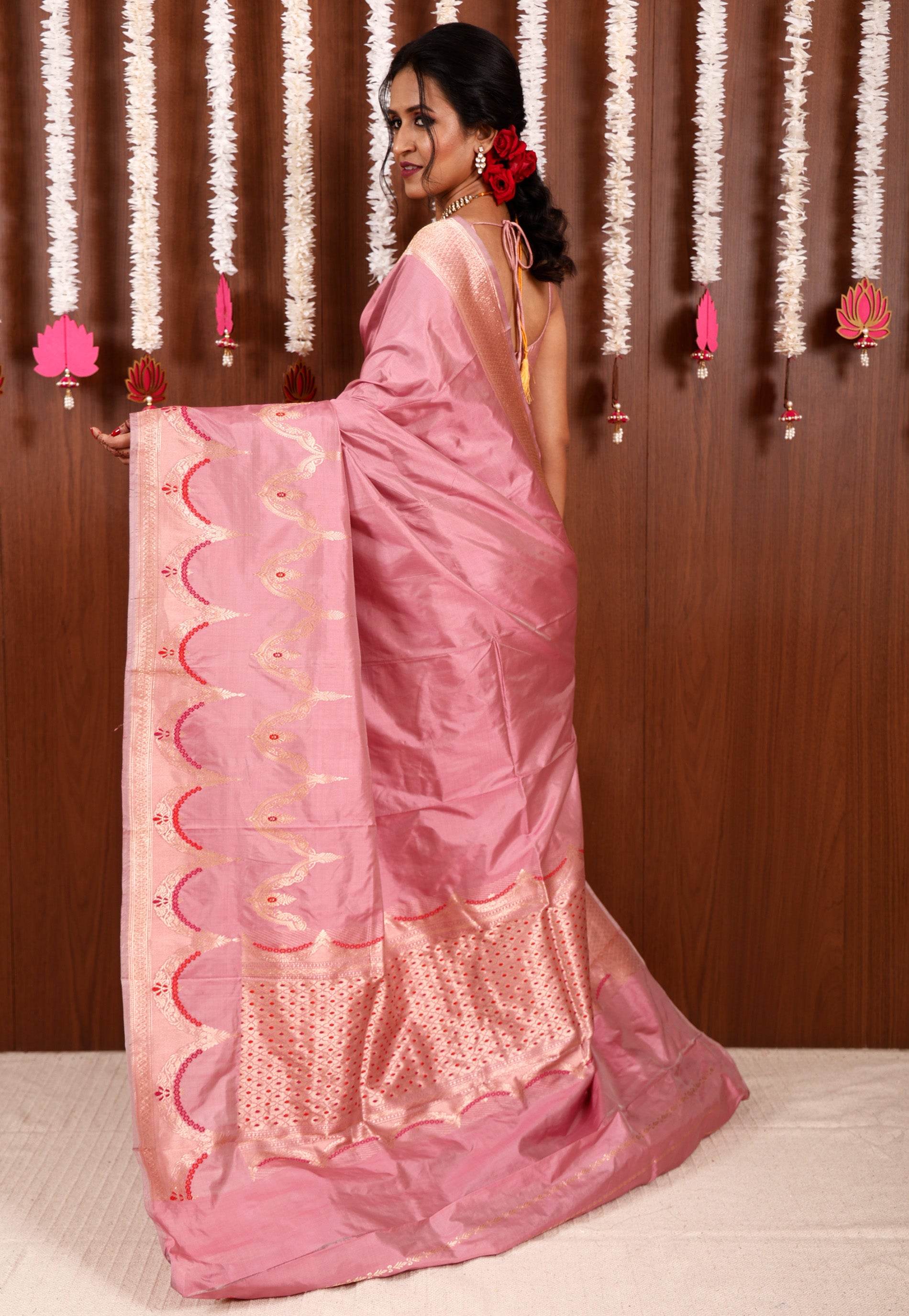 Onion Pink Katan Pure Silk Saree With Blouse Piece - Adi Akshoy & Co.