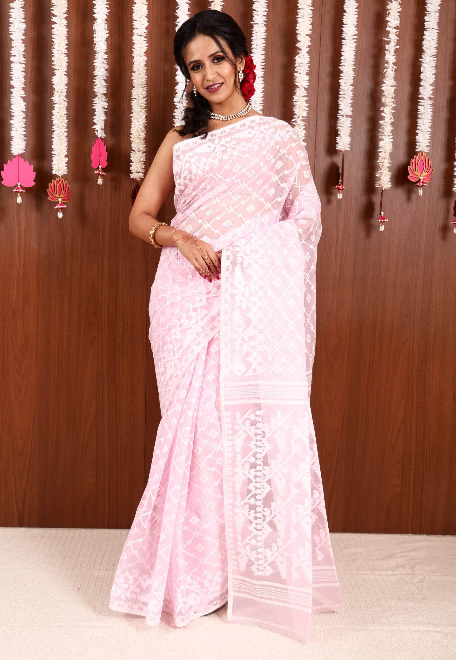 Baby Pink Dhakai Jamdani Cotton Saree without Blouse Piece - Adi Akshoy & Co.