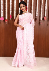 Baby Pink Dhakai Jamdani Cotton Saree without Blouse Piece - Adi Akshoy & Co.