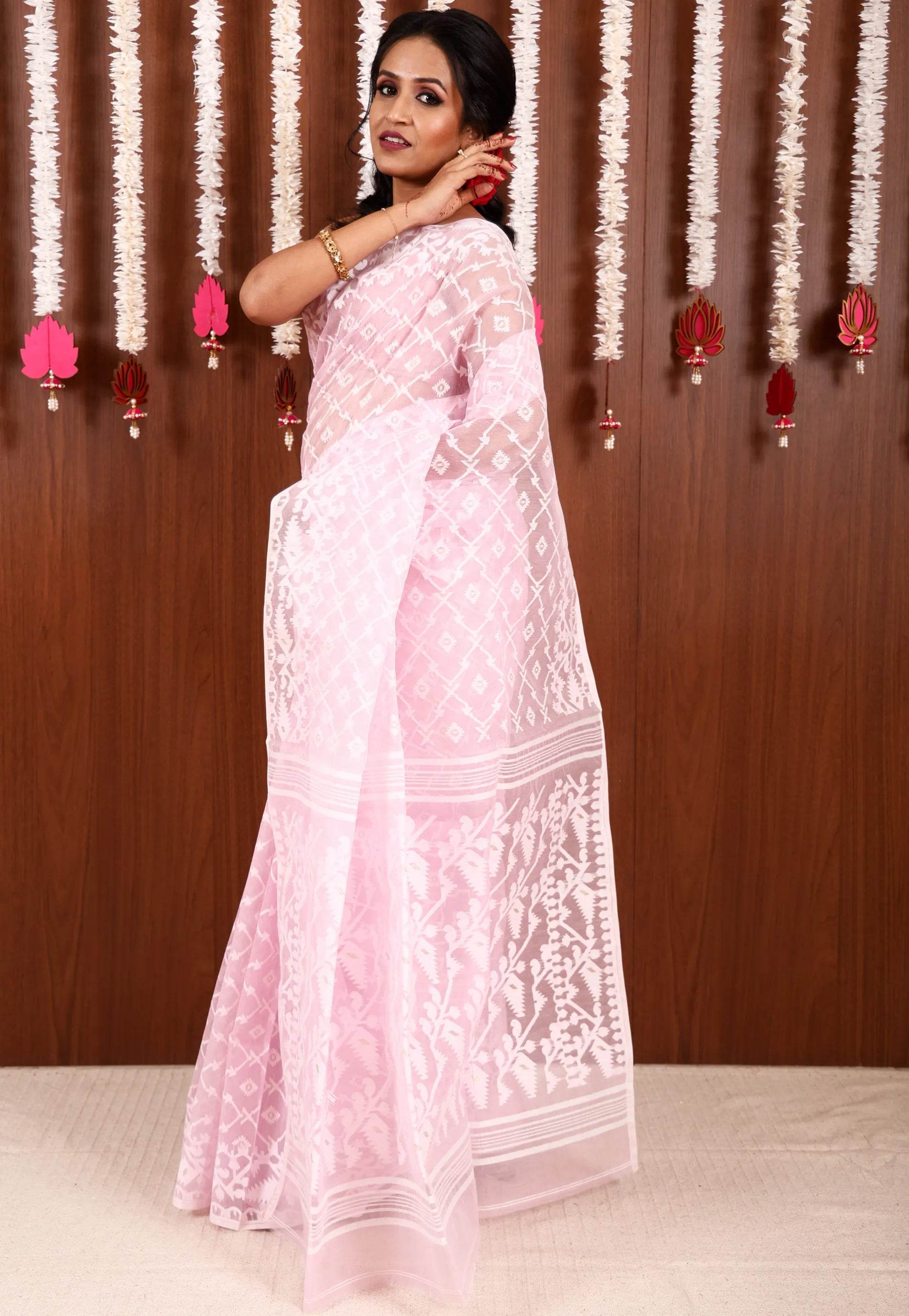 Baby Pink Dhakai Jamdani Cotton Saree without Blouse Piece - Adi Akshoy & Co.