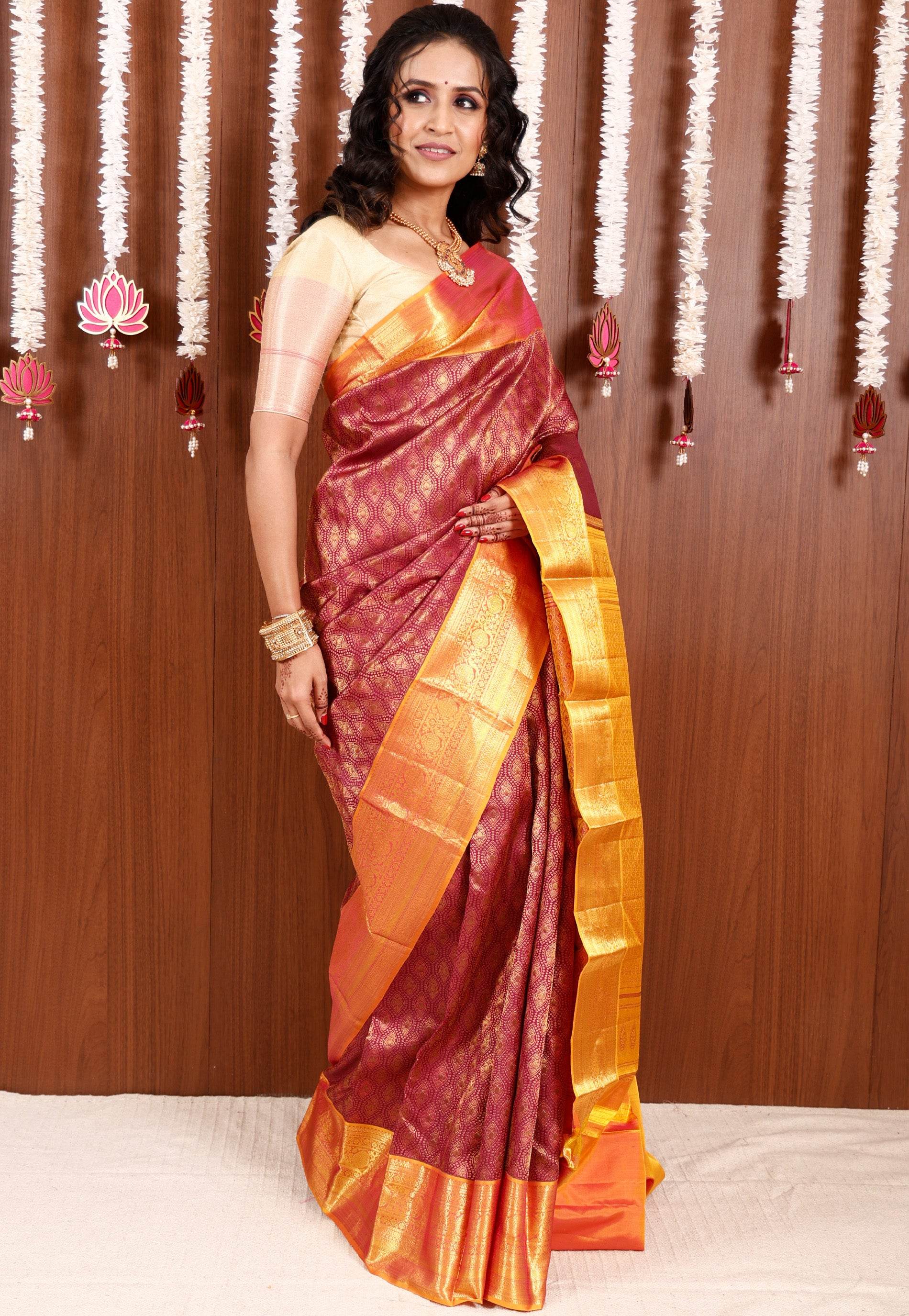Magenta Brocade with Golden Yellow Border Kanjivaram Silk Saree With Blouse Piece - Adi Akshoy & Co.
