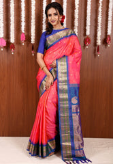 Cross Pink with Peacock Border Gadwal Pure Silk Saree With Blouse Piece - Adi Akshoy & Co.