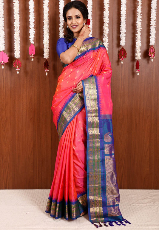 Cross Pink with Peacock Border Gadwal Pure Silk Saree With Blouse Piece - Adi Akshoy & Co.
