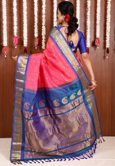 Cross Pink with Peacock Border Gadwal Pure Silk Saree With Blouse Piece - Adi Akshoy & Co.