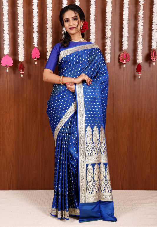 Royal Blue Wedding Banarasi Silk Saree with Blouse Piece - Adi Akshoy & Co.