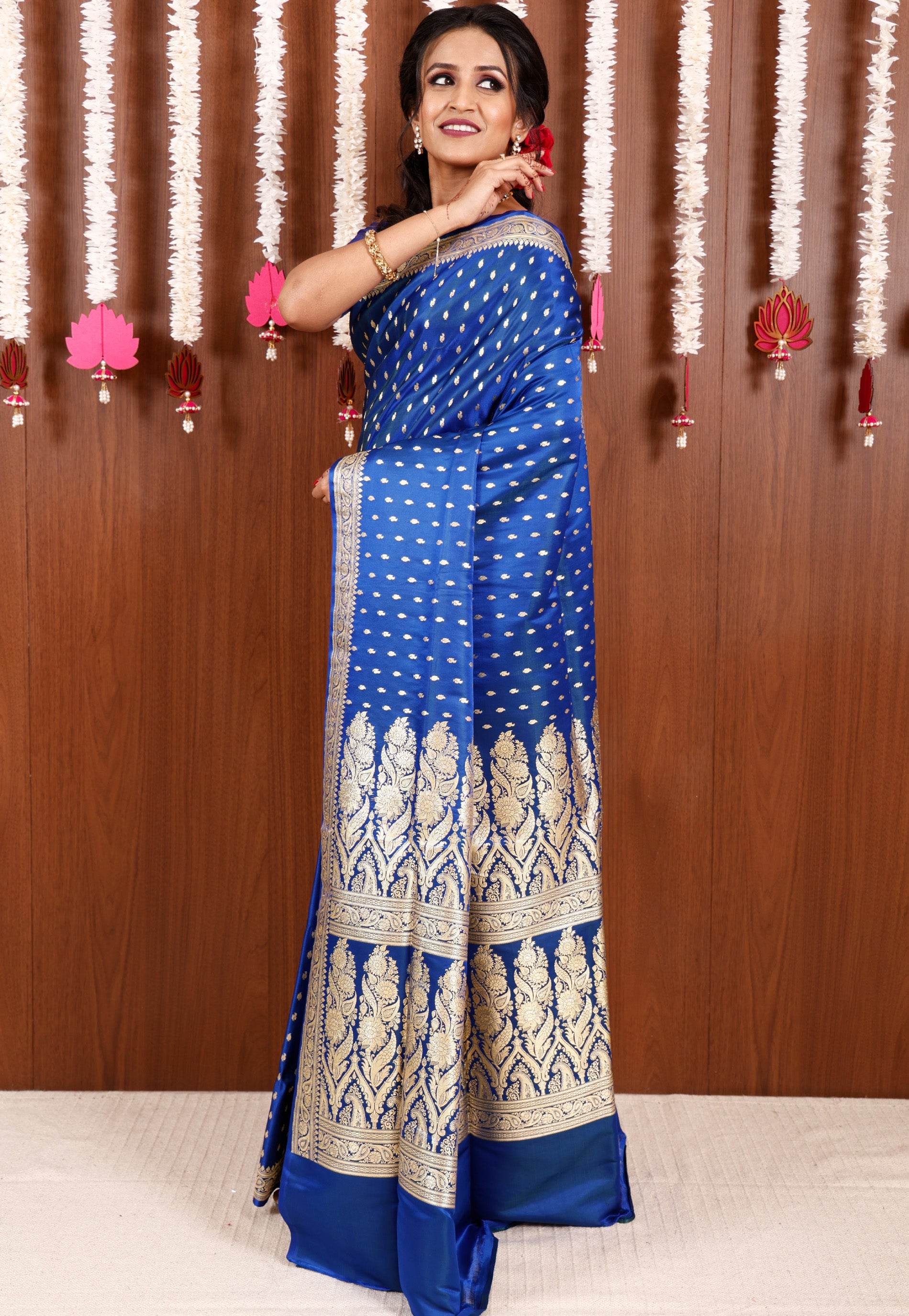 Royal Blue Wedding Banarasi Silk Saree with Blouse Piece - Adi Akshoy & Co.